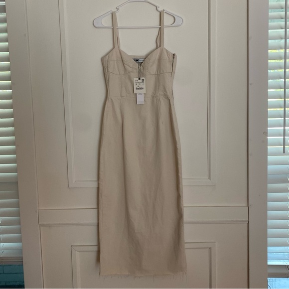 NWT Beige/Cream Zara Denim Midi Dress - Picture 2 of 11